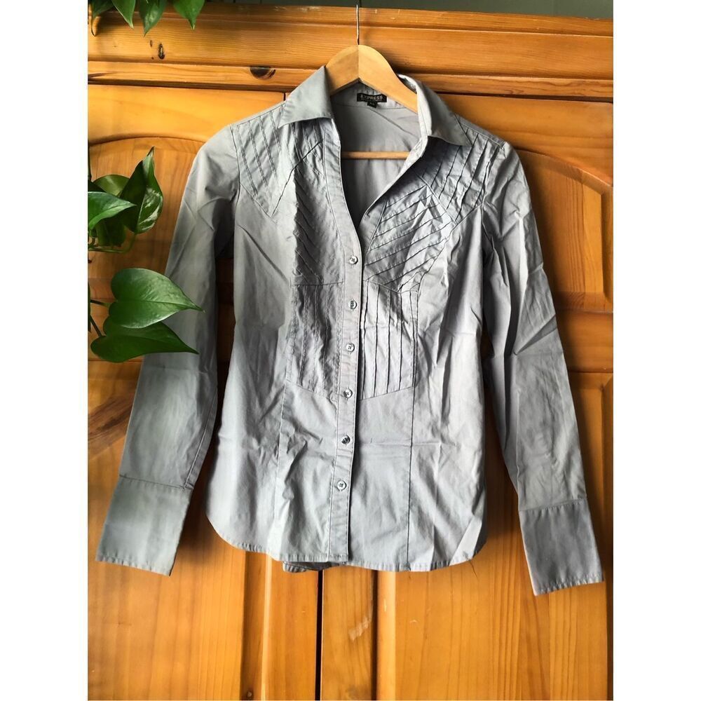 Express Gray Essential Stretch Button Up Shirt Womens XS Fitted - Picture 4 of 12